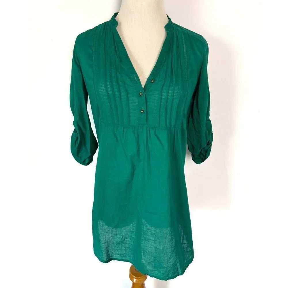 ZARA Trafaluc Henley 3/4 Sleeve Emerald Green Blouse Top